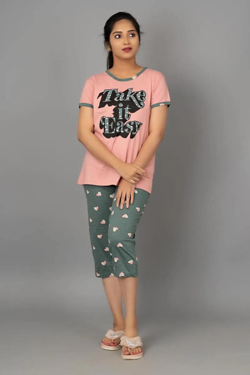 Cotton Printed Top with Capri Set for Women