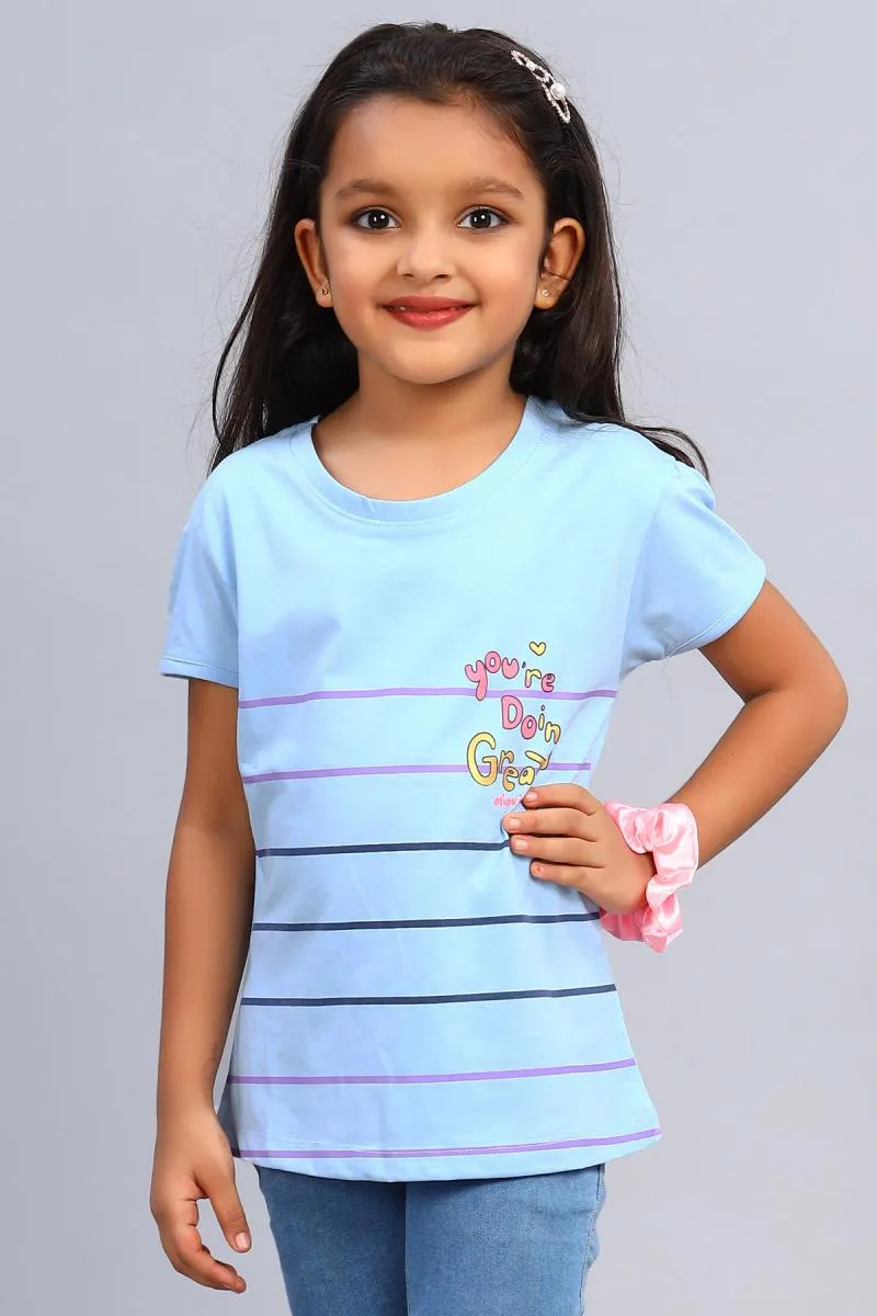 Pure Cotton Striped Pattern T-Shirt for Girl (5 - 15 Yrs) 0033141213YRSSKYBLU