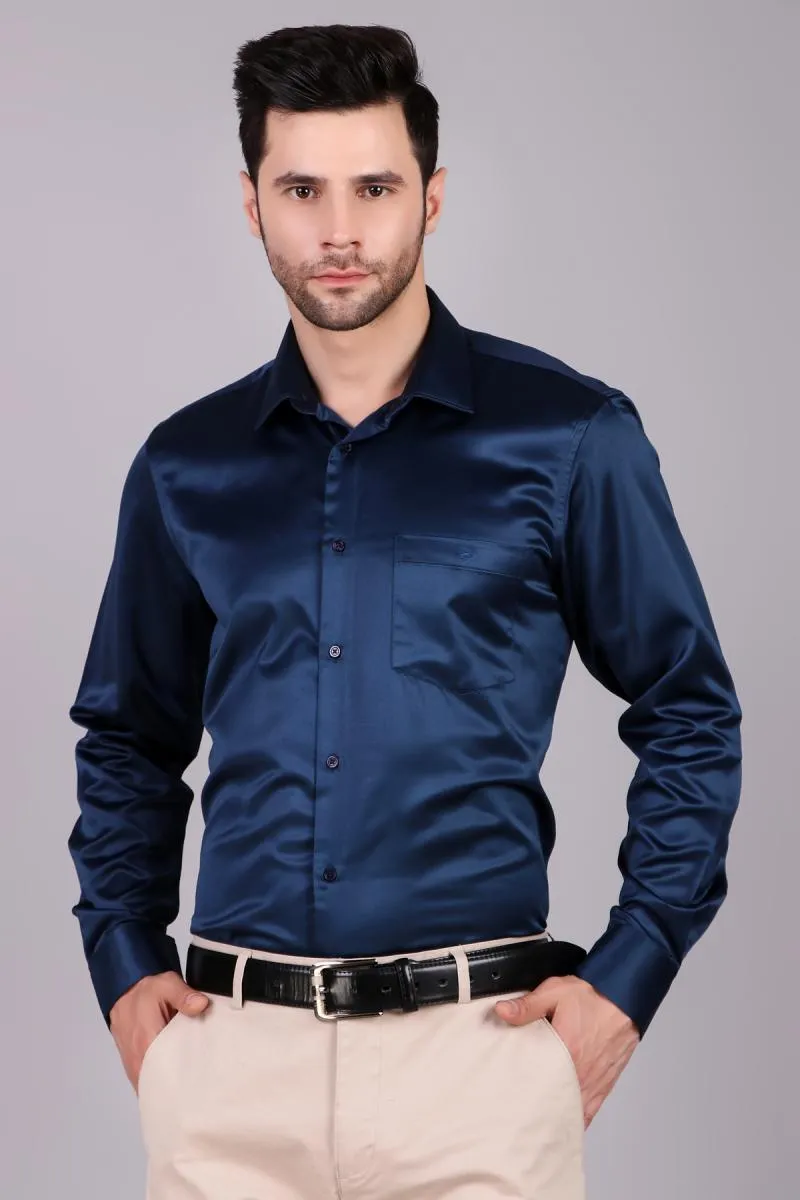 Men's Satin Slim Fit Formal Shirt 003652NAVBLUXXL