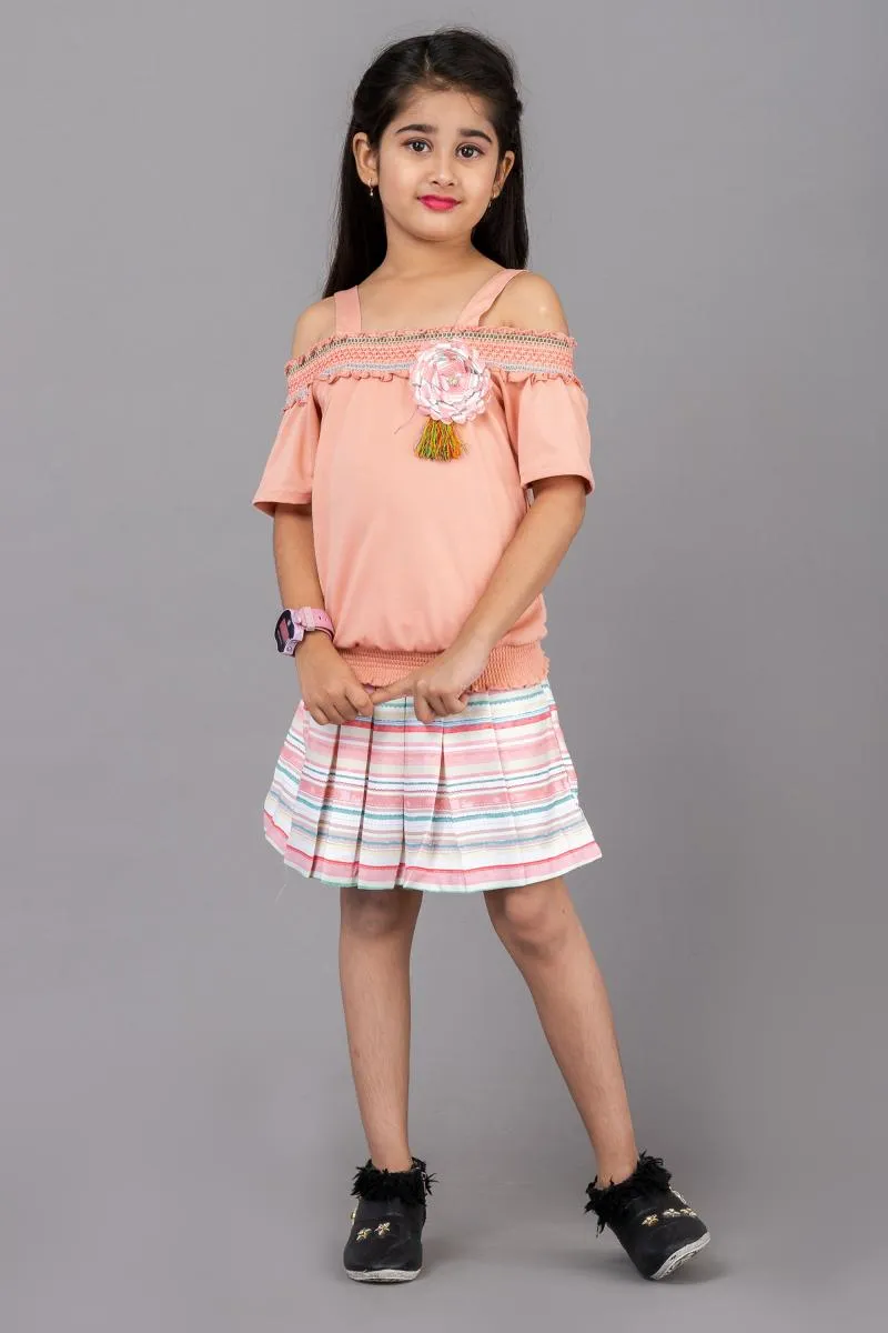 Girl's Polyester Solid Top with Striped Skirt (3 - 12 Yrs) 003798PEA67YEA