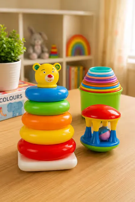 3 in 1 Baby Gift set (Stacking Rings, Damru Rattle, Stacking Cups)