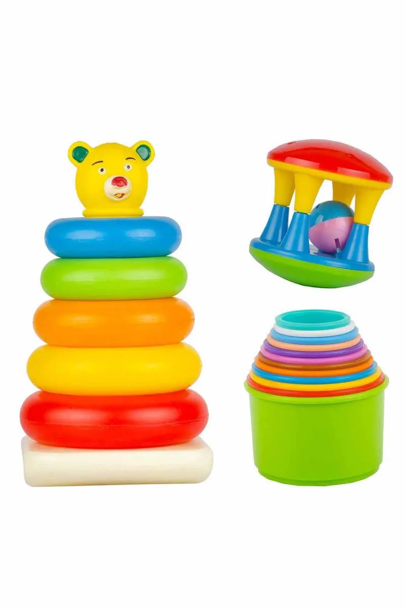  3 in 1 Baby Gift set (Stacking Rings, Damru Rattle, Stacking Cups)  
