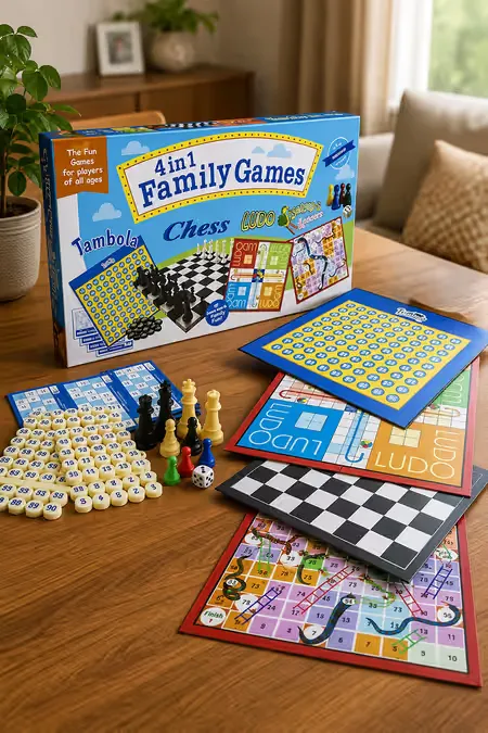 4 In 1 Family Strategy Board Games (Tambola, Chess, Ludo & Snakes Ladders)