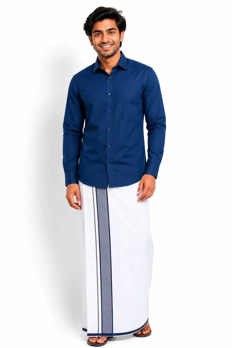 Men's Cotton Shirt with Dhoti Set (2-Pcs Set) 005253NAVBLU42