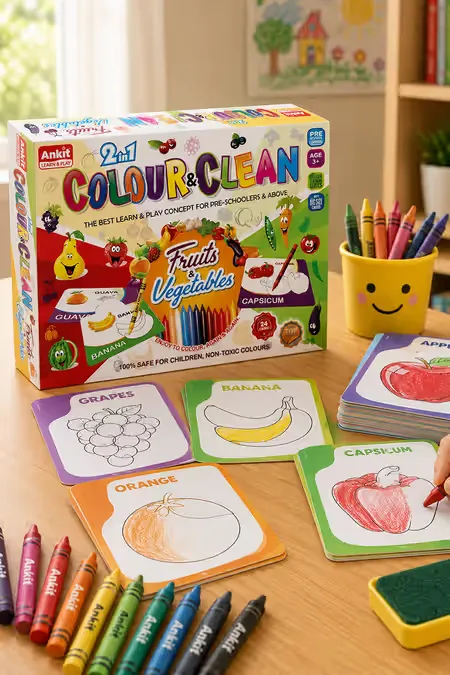 2 in 1 Color & Clean Cardboard Game (Fruits & Vegetables)