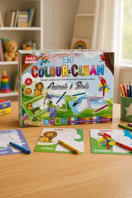 2 in 1 Color & Clean Cardboard Game (Animals & Birds)
