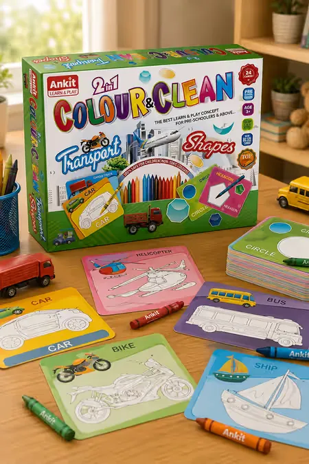 2 in 1 Color & Clean Cardboard Game (Transports & Shapes)