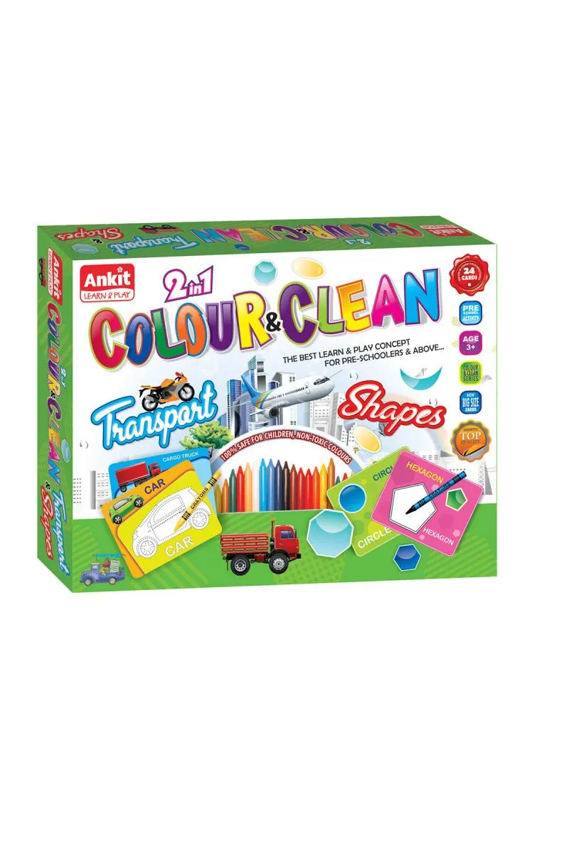 2 in 1 Color & Clean Cardboard Game (Transports & Shapes)