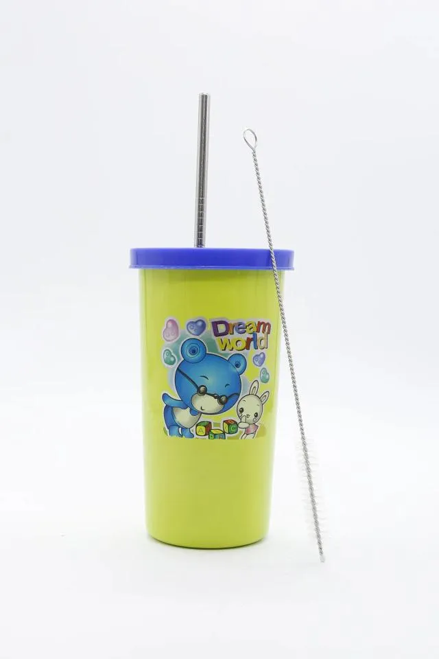 Prabha Stainless Steel Cartoon Printed Tumbler with Lid & 2 Straws - 370 ML 006919GRE1