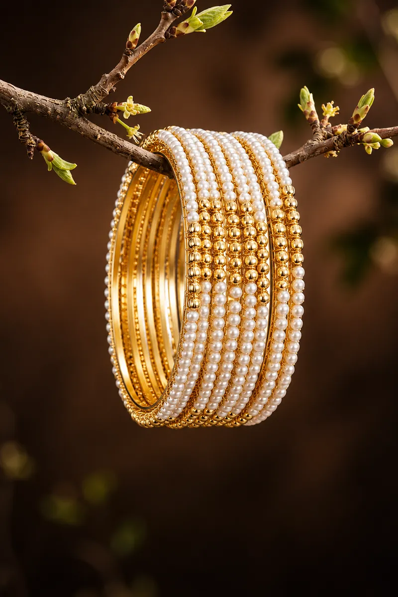 Gold Plated Studded Pearl Stone Bangles for Women