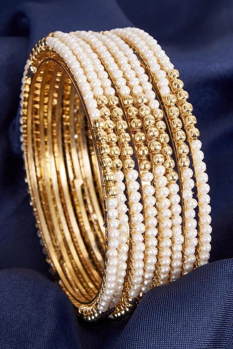 Gold Plated Studded Pearl Stone Bangles for Women 007513GOL241