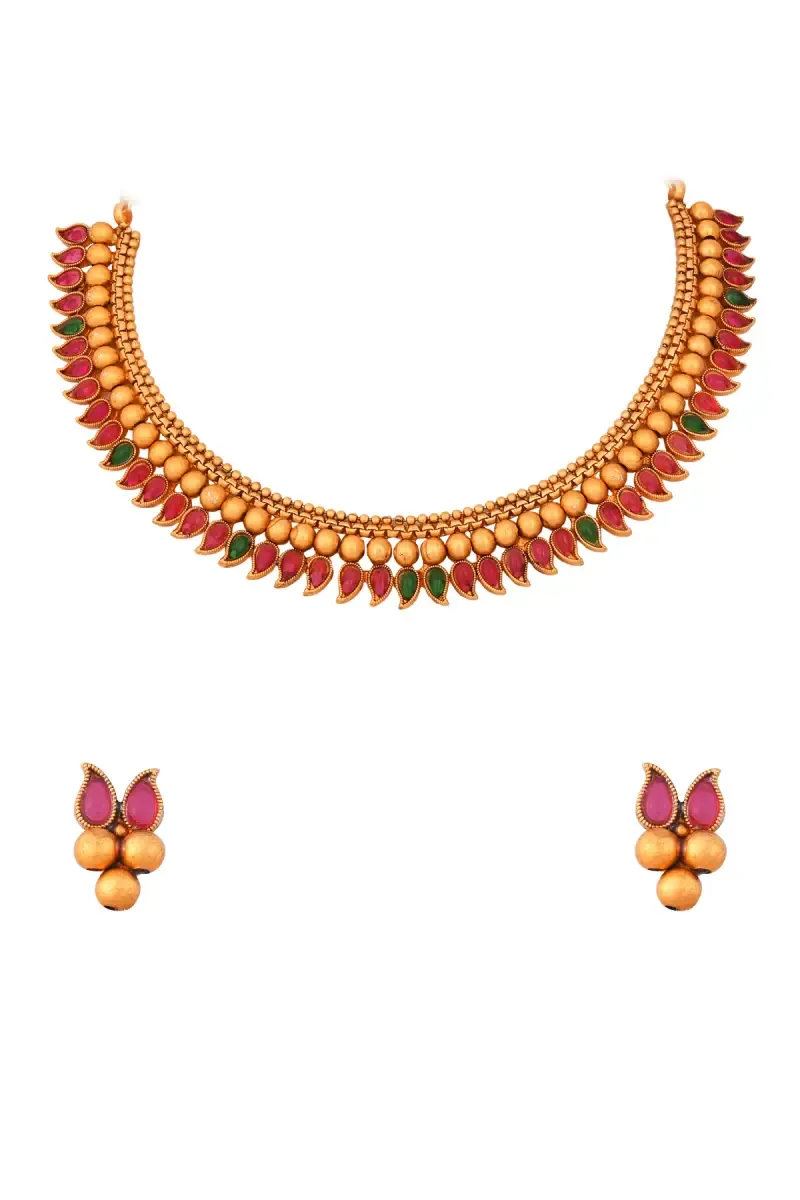 Gold Plated Stone Studded & Beaded Necklace Set for Women