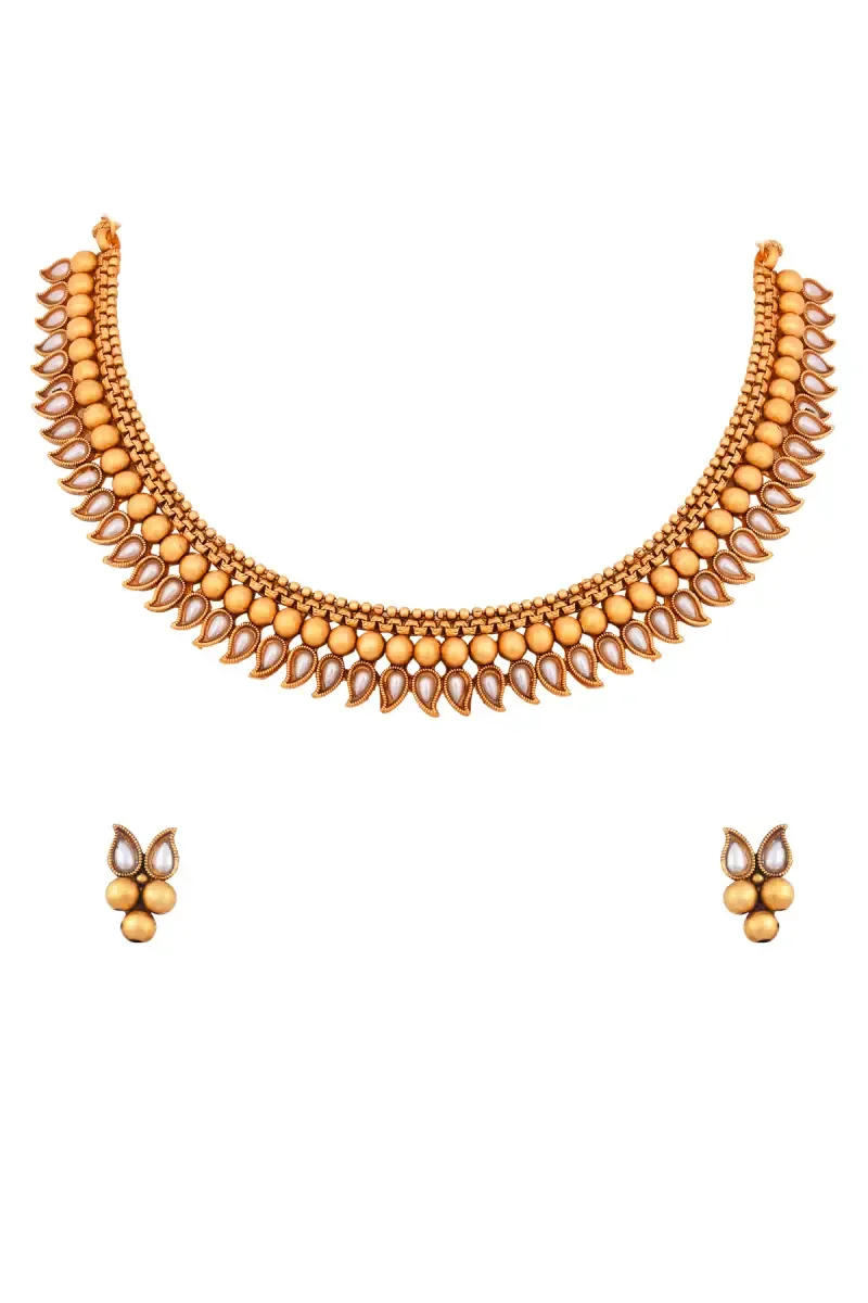 Gold Plated Stone Studded & Beaded Necklace Set for Women
