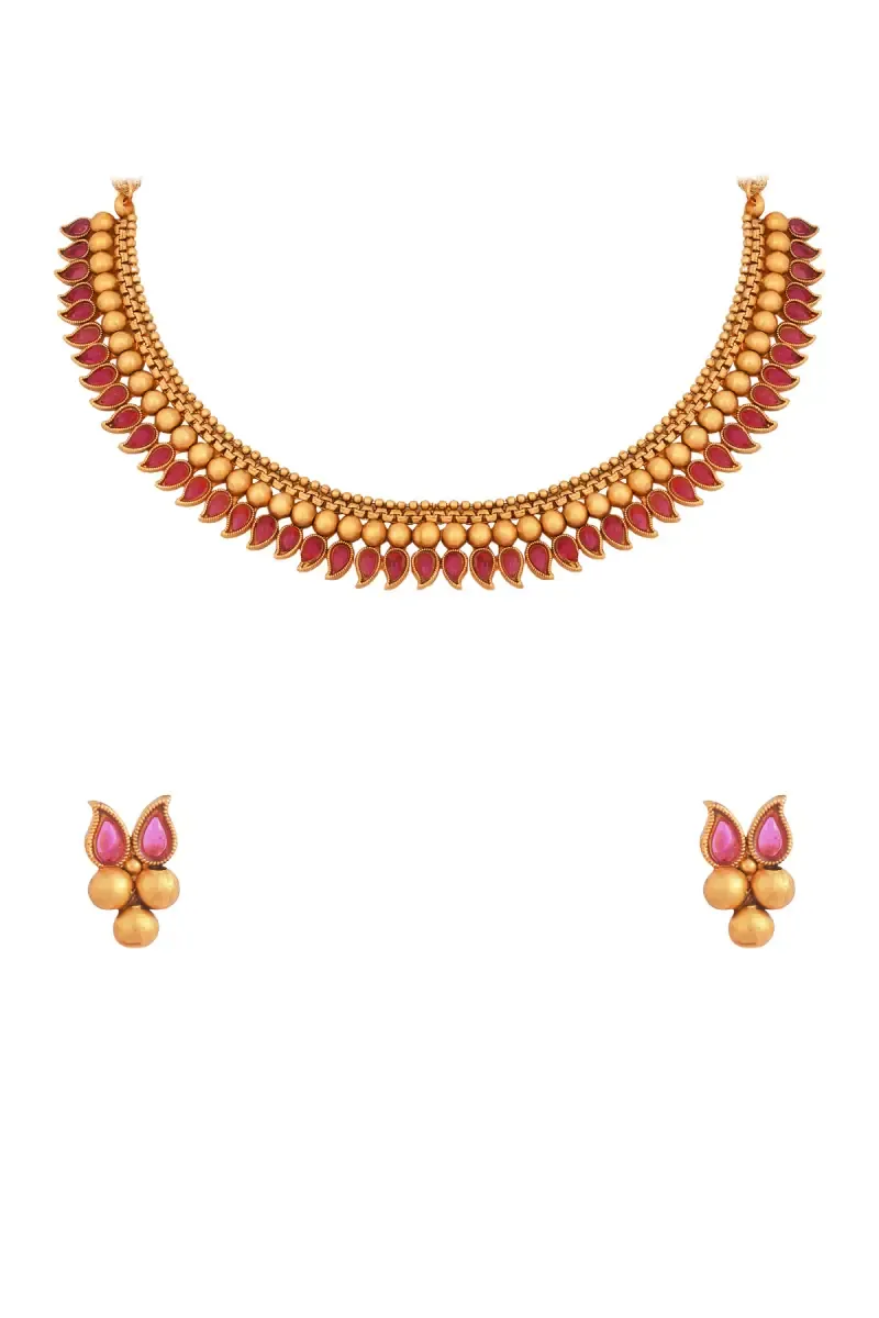 Gold Plated Stone Studded & Beaded Necklace Set for Women