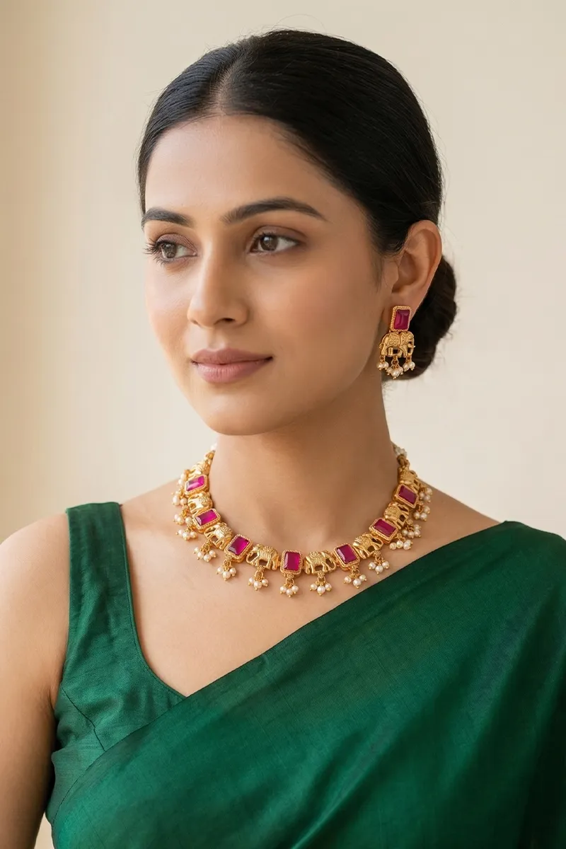 Elephant Design with Studded Necklace set for Women 0088001RED18INC