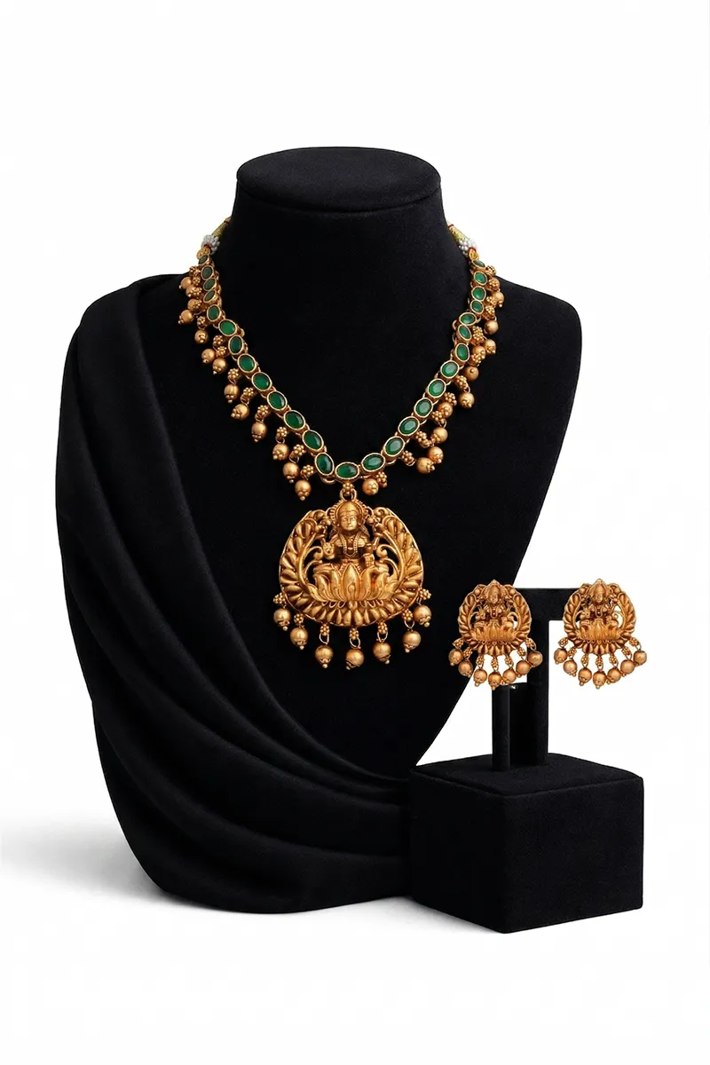 Antique Finish Lotus with Lakshmi Necklace Set for Women