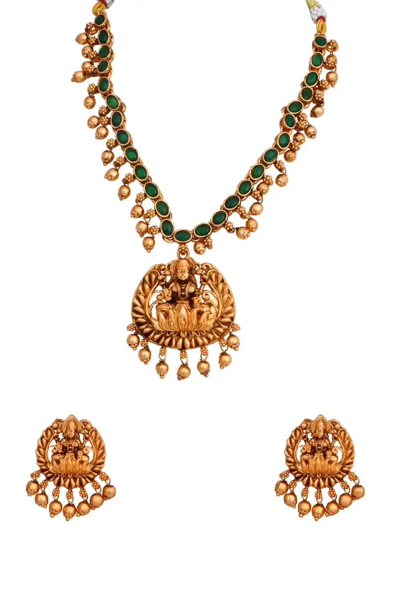 Antique Finish Lotus with Lakshmi Necklace Set for Women