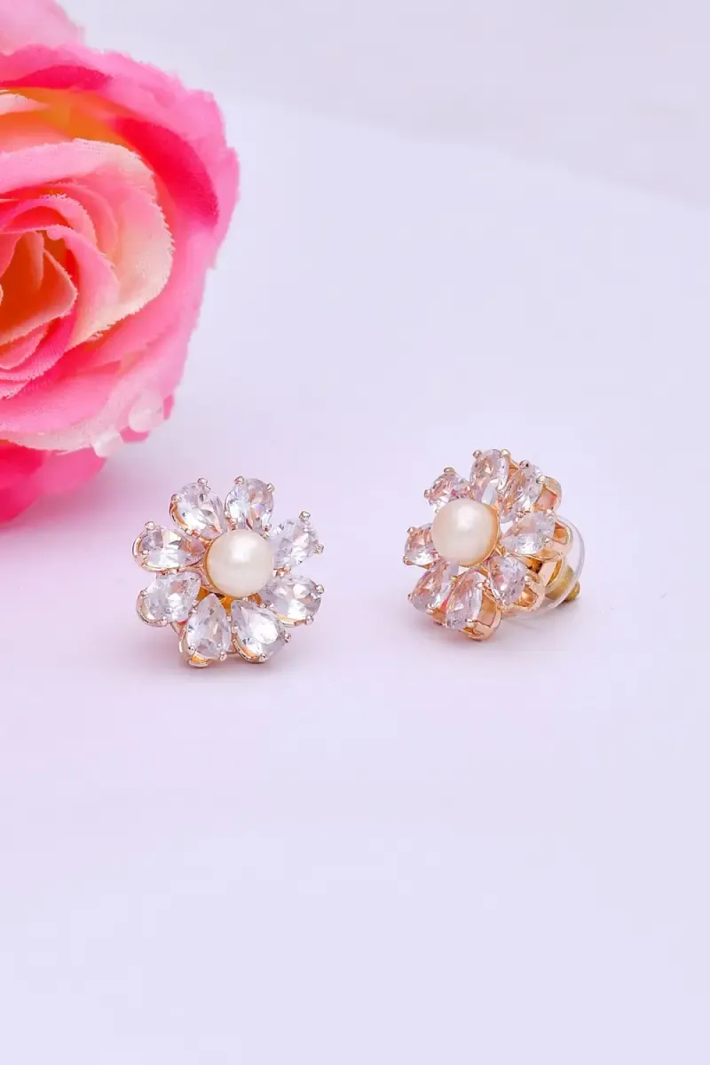 Elegant Crystal Flower Pearl Stud Earrings for Girls & Women
