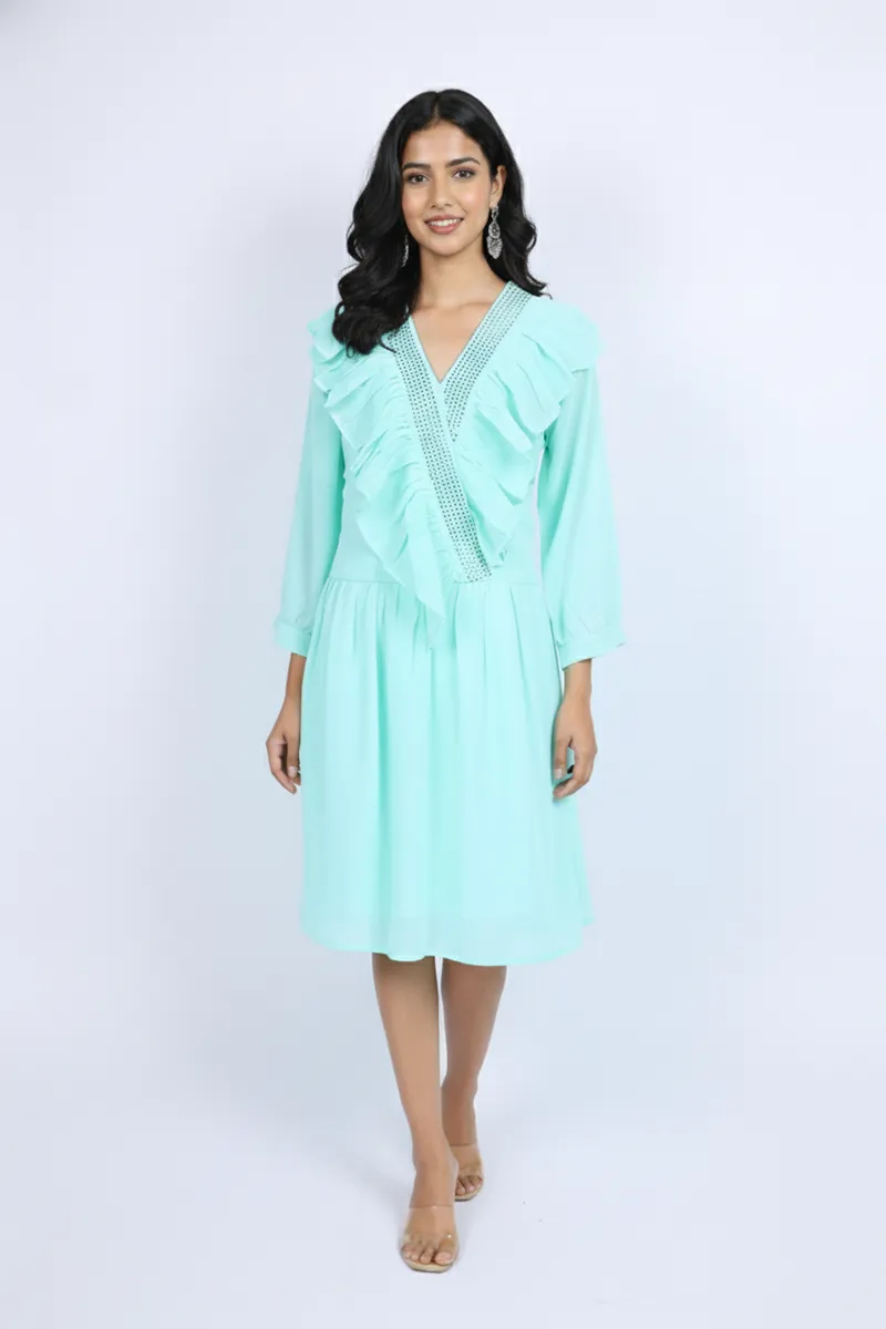 Rayon Solid Flared Dress for Women 009144AQUXL4