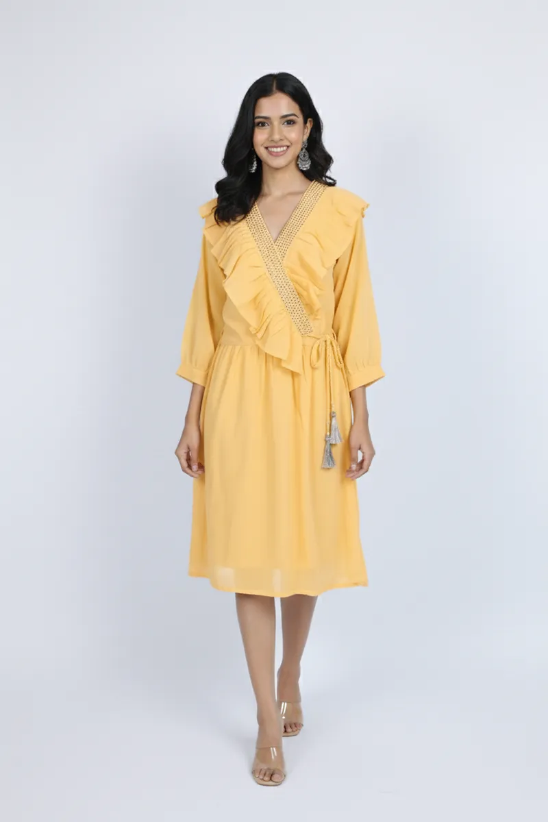 Rayon Solid Flared Dress for Women 009144YELXL4