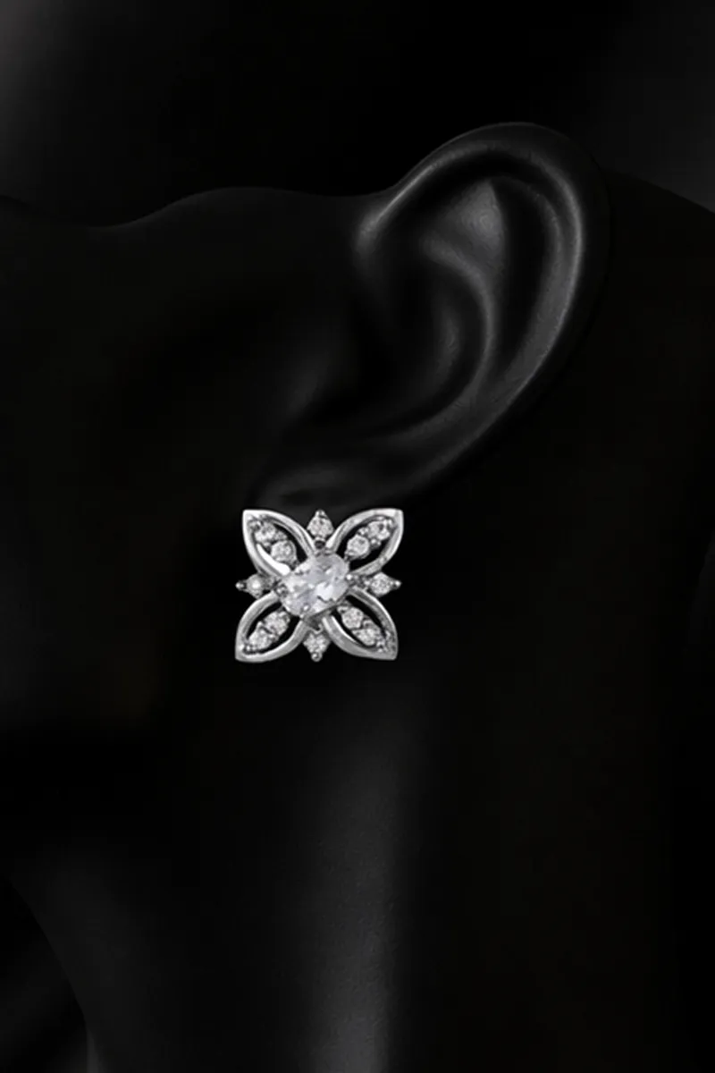 Silver Plated White Stone Flower Type  Earrings