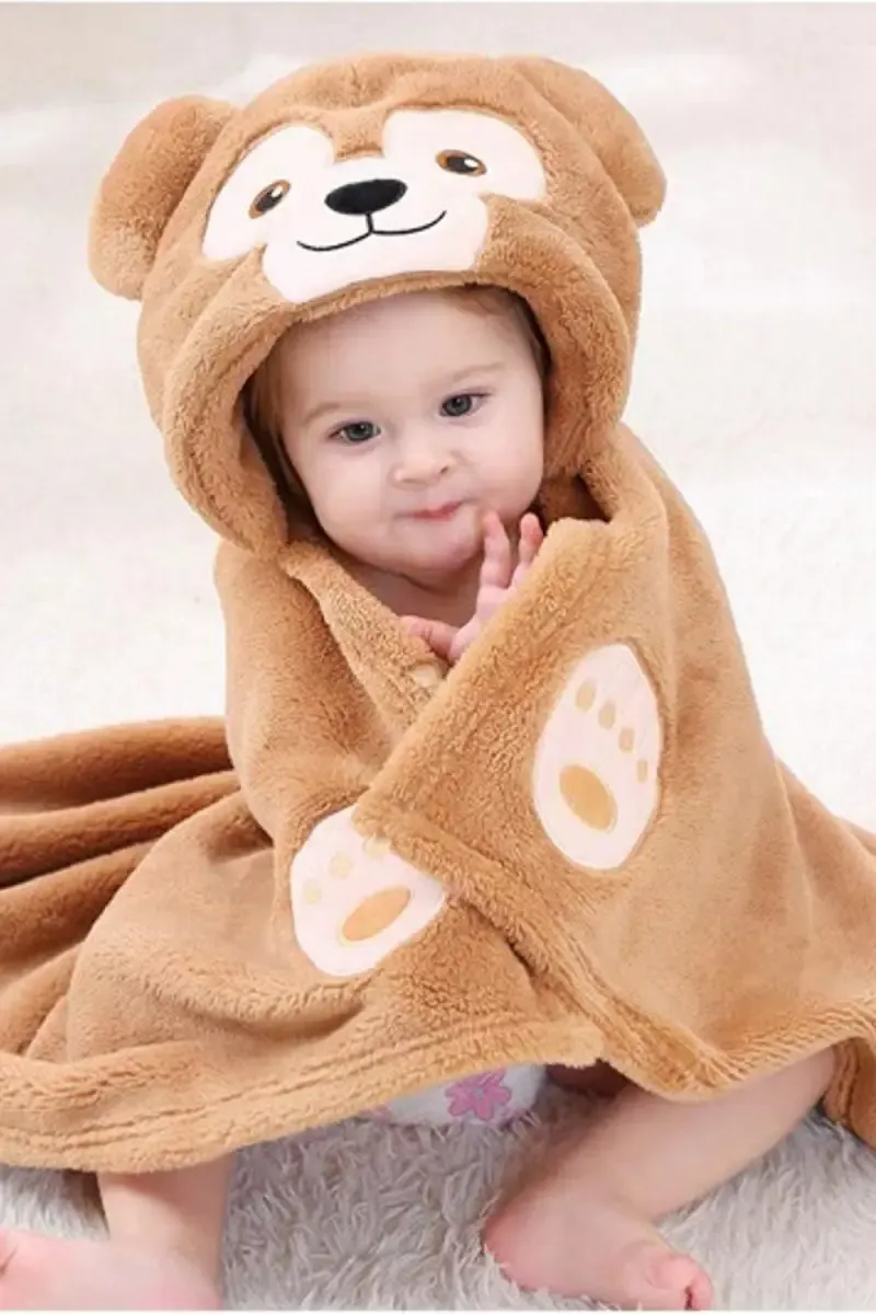 Baby Zone Coral Fleece Embroidered Crib Hooded Baby Blanket (Brown) 009854BRO