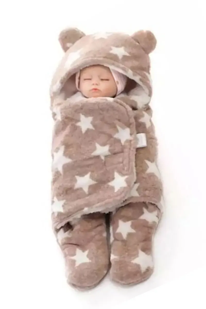 Coral Fleece Printed Hooded Baby Blanket (Beige)