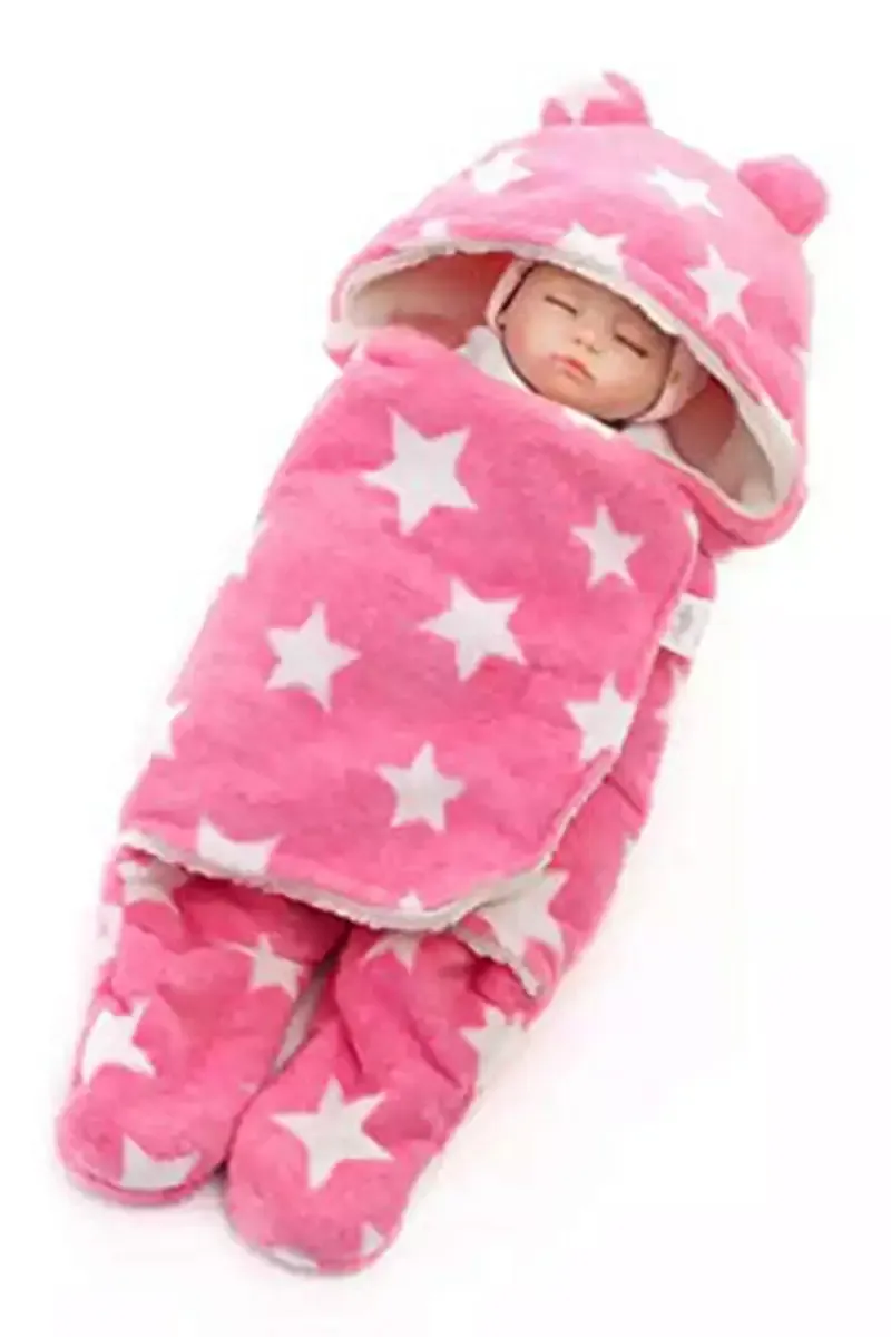 Coral Fleece Printed Hooded Baby Blanket (Pink)