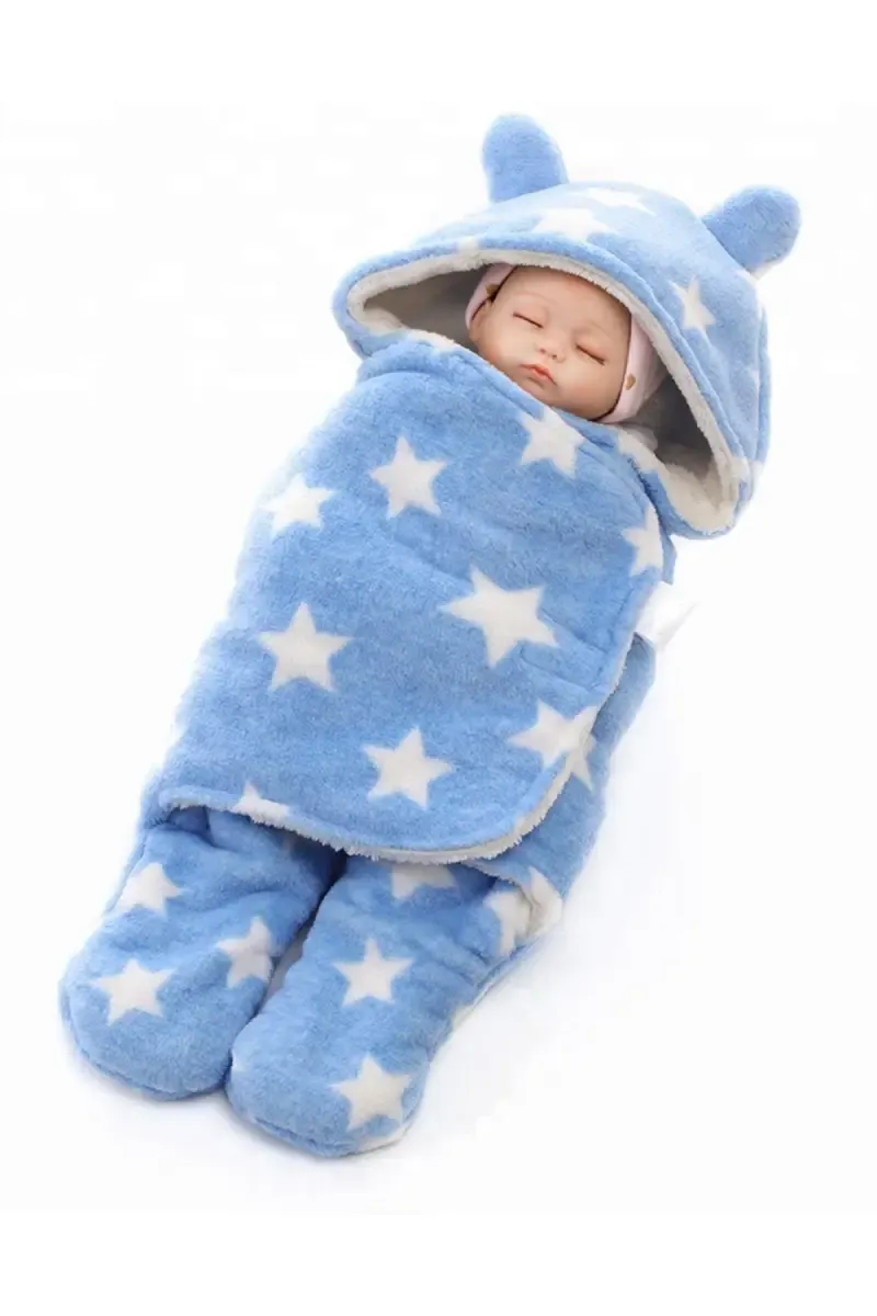 Coral Fleece Printed Hooded Baby Blanket (Sky blue)