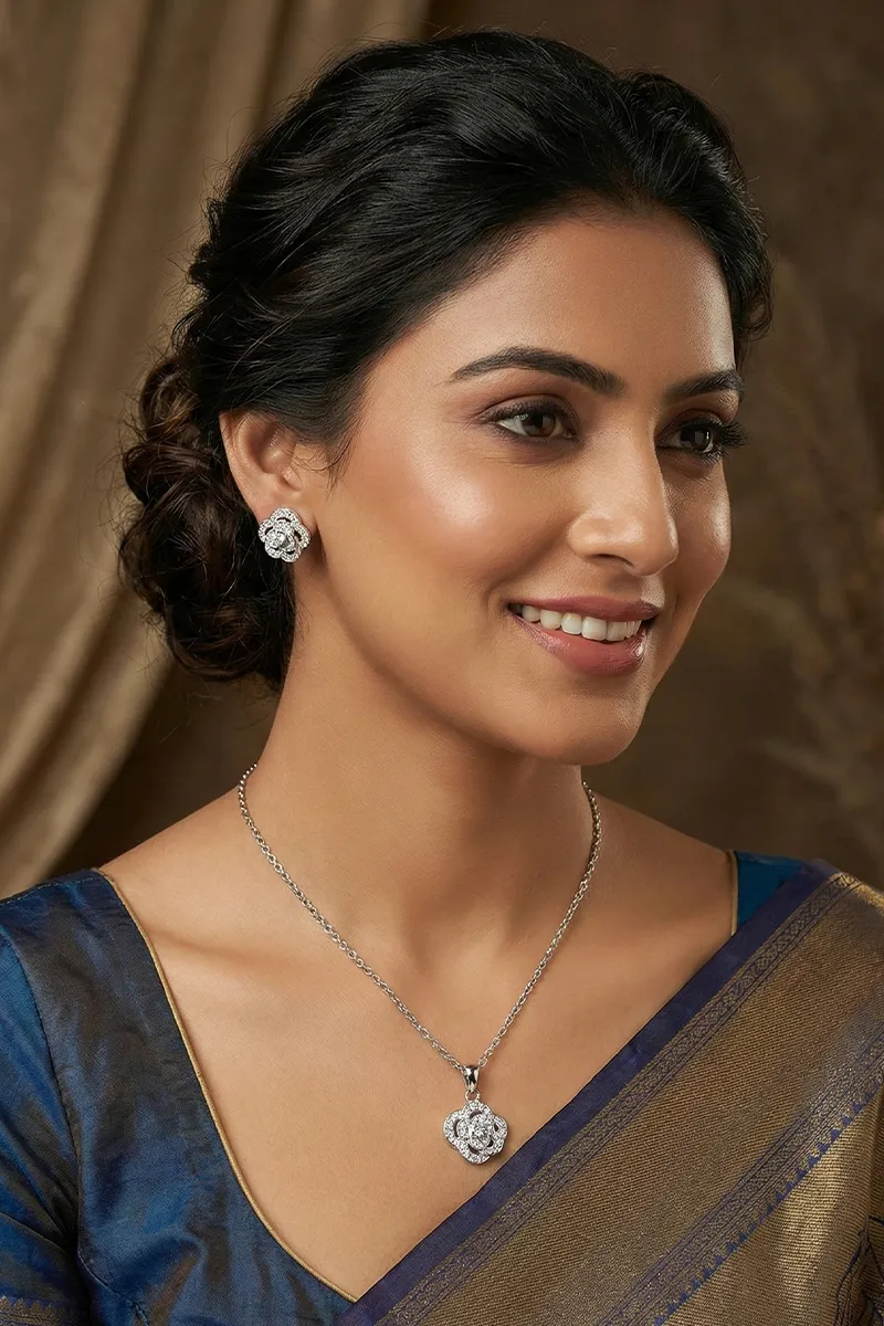 Flower Pendant Necklace with Earrings Set for Women & Girls