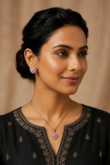 Rose Gold Plated Floral Necklace with Earring for Women & Girls