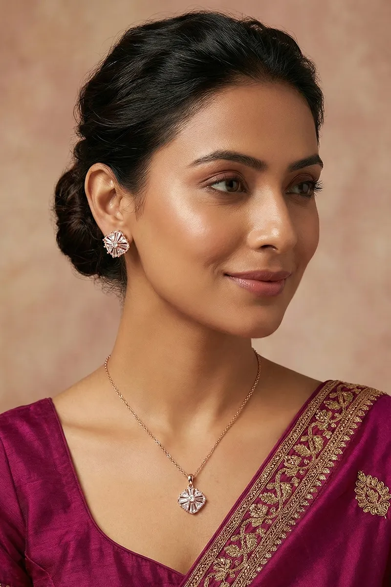 Rose Gold Plated Floral Necklace with Earring for Women & Girls