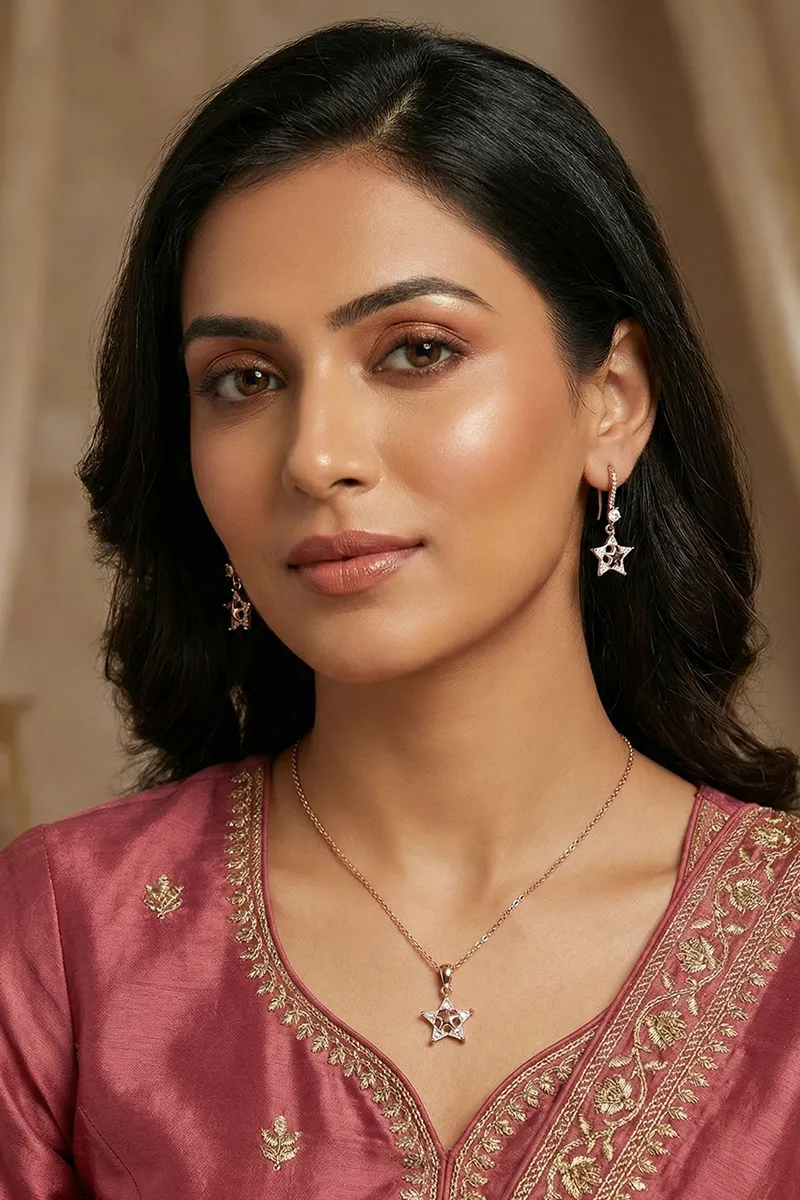 Rose Gold Star Pendant Necklace with Earrings Set for Women & Girls 0100021ROSGOL10INC2