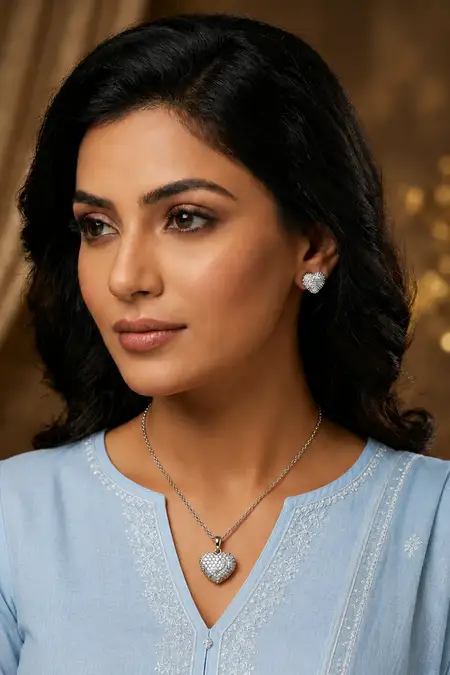 Silver Heart Pendant Necklace with Earrings Set for Women & Girls