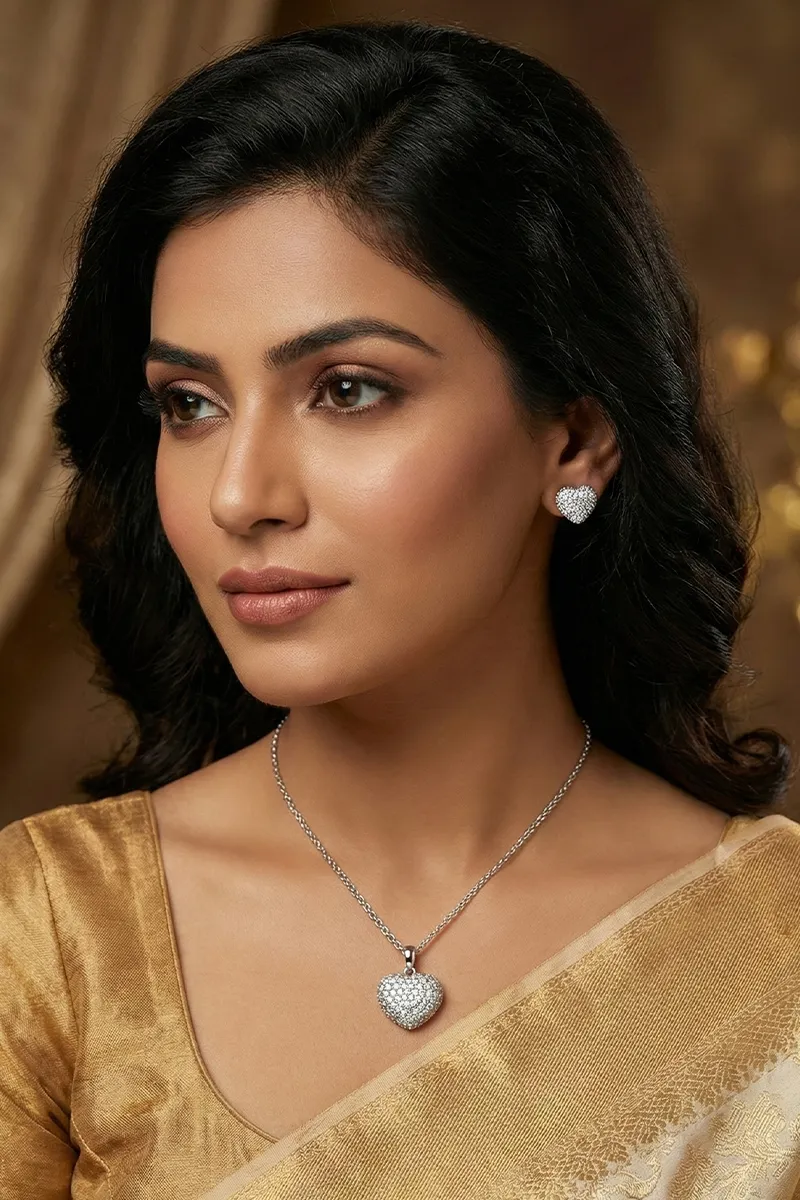 Silver Heart Pendant Necklace with Earrings Set for Women & Girls