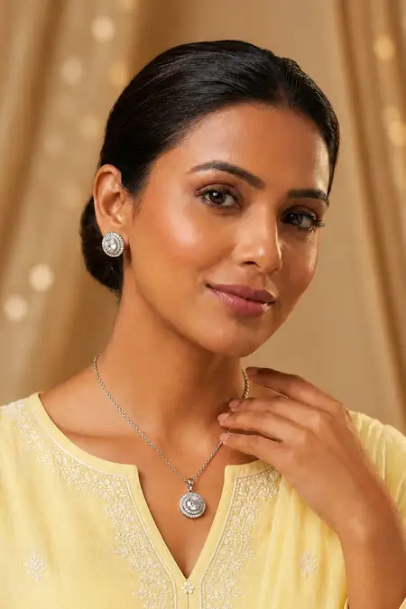 Silver Round Pendant Necklace with Earrings Set for Women & Girls