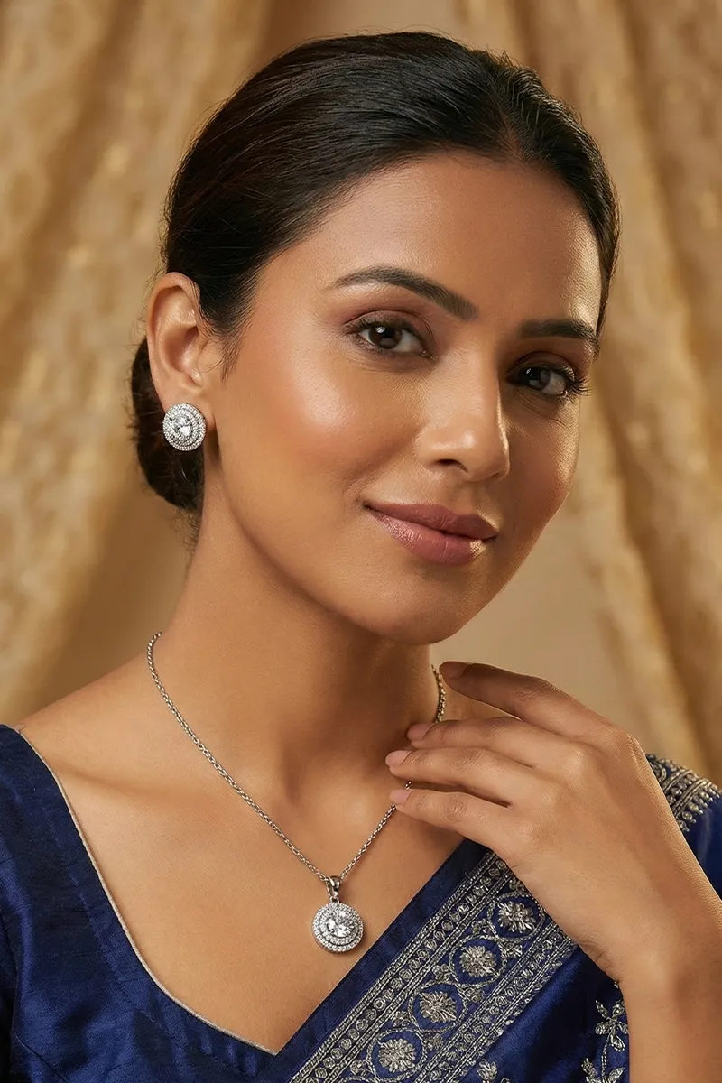 Silver Round Pendant Necklace with Earrings Set for Women & Girls