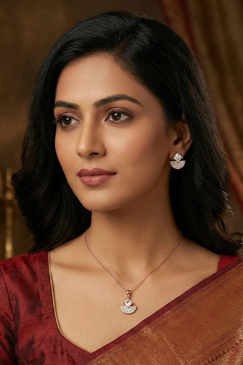 Rose Gold Pendant Necklace with Earrings Set for Women & Girls