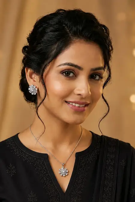 Floral Pendant Necklace with Earrings Set for Women & Girls