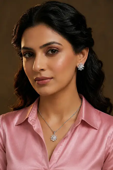 Silver Floral Pendant Necklace with Earrings Set for Women & Girls