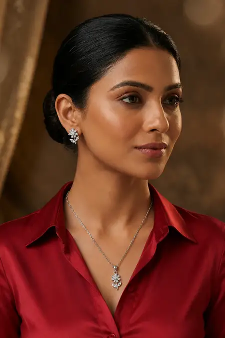 Silver Floral Pendant Necklace with Earrings Set for Women & Girls