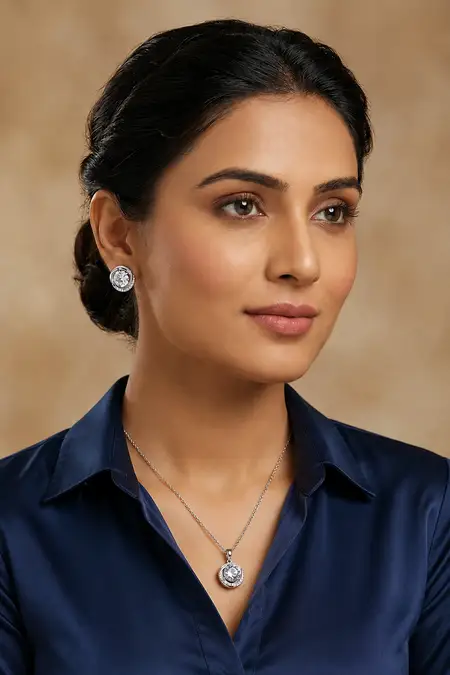 Silver Round Pendant Necklace with Earrings Set for Women & Girls