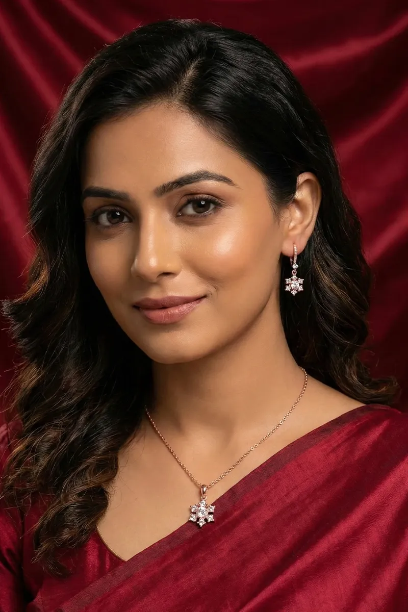 Rose Gold Floral Pendant Necklace with Earrings Set for Women & Girls