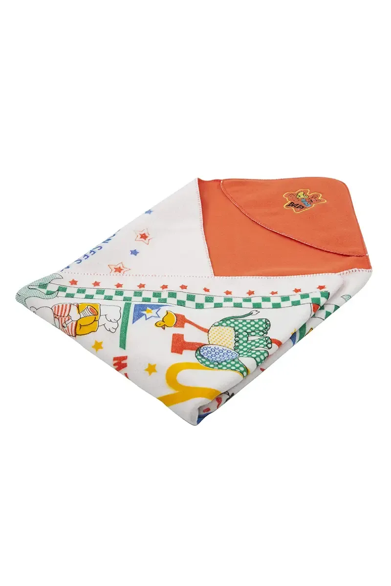 Polyester Printed Crib Hooded Baby Blanket Orange ( Design May Vary )