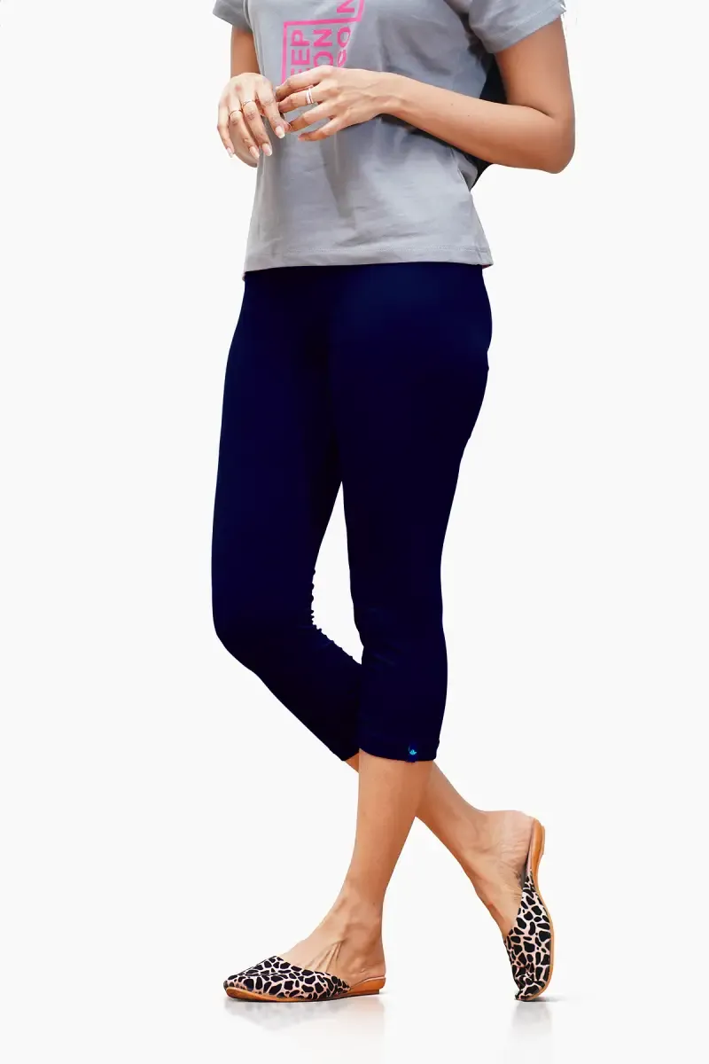 Cotton Lycra Blend Skinny Fit Capri Leggings for Women 010306MNAVBLU