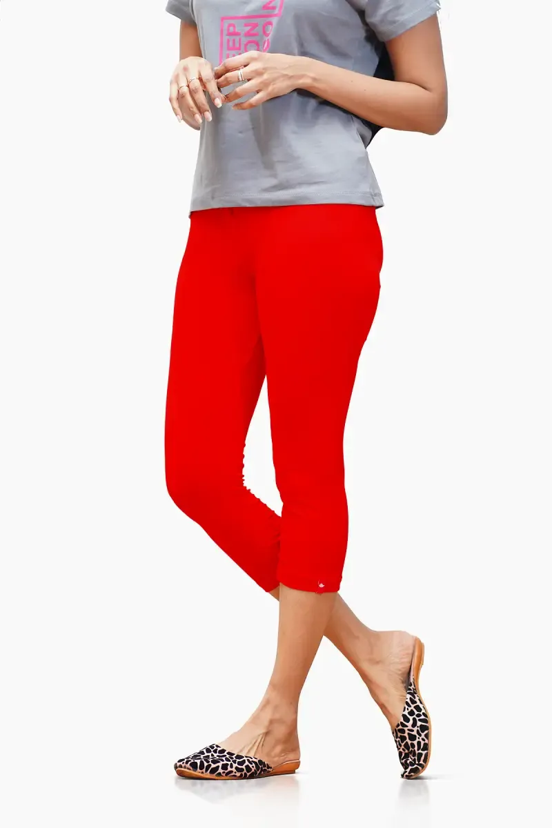 Cotton Lycra Blend Skinny Fit Capri Leggings for Women 010306XXLRED