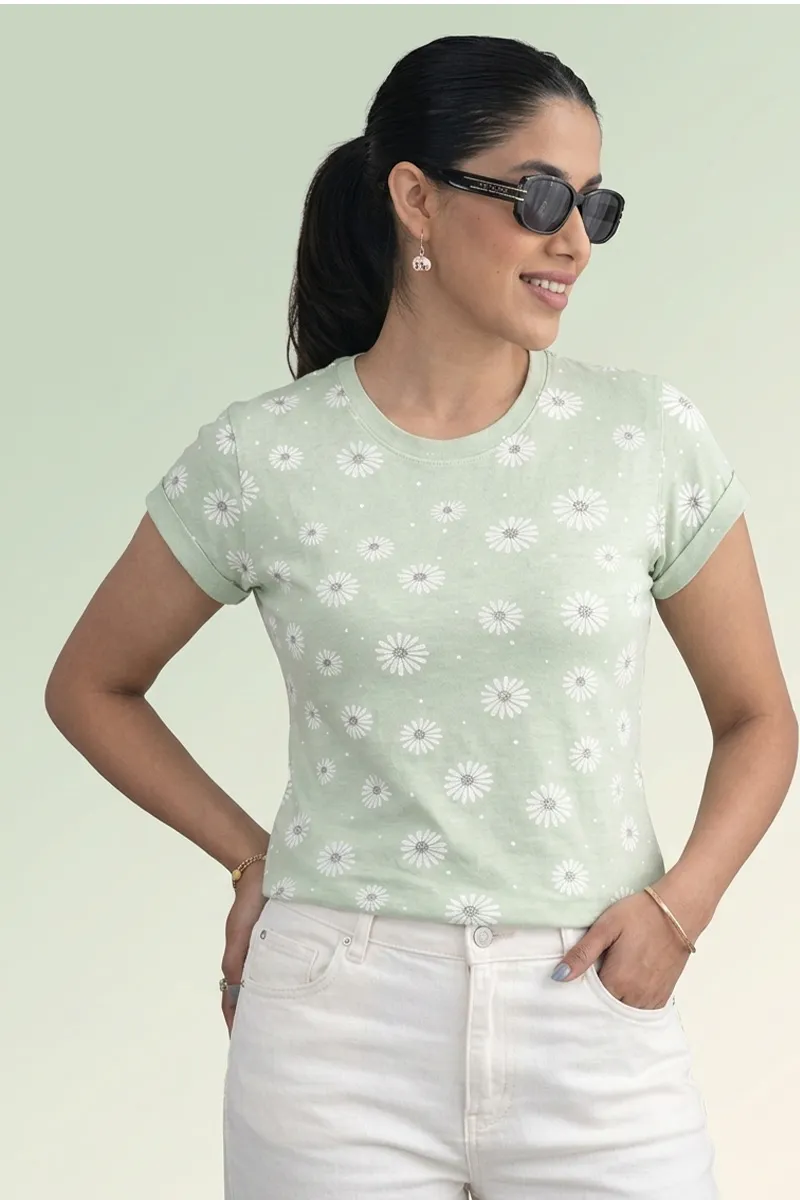 Cotton Blend Floral Printed T-Shirt for Women 010382XXLLIGGRE