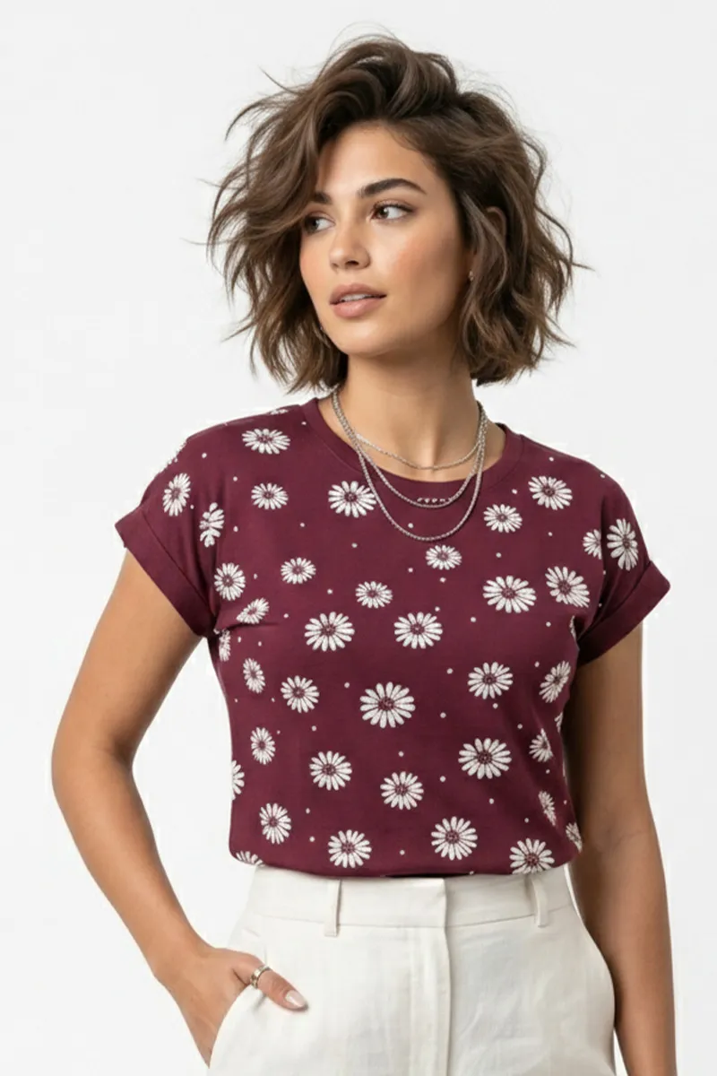 Cotton Blend Floral Printed T-Shirt for Women 010382XXLMAR