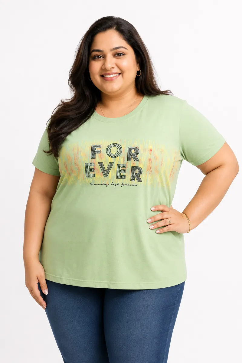 Cotton Blend Typographic Printed T-Shirt for Women - Plus Size