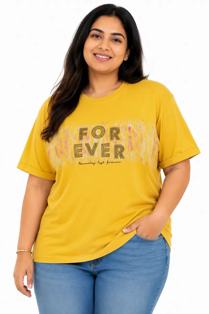 Cotton Blend Typographic Printed T-Shirt for Women